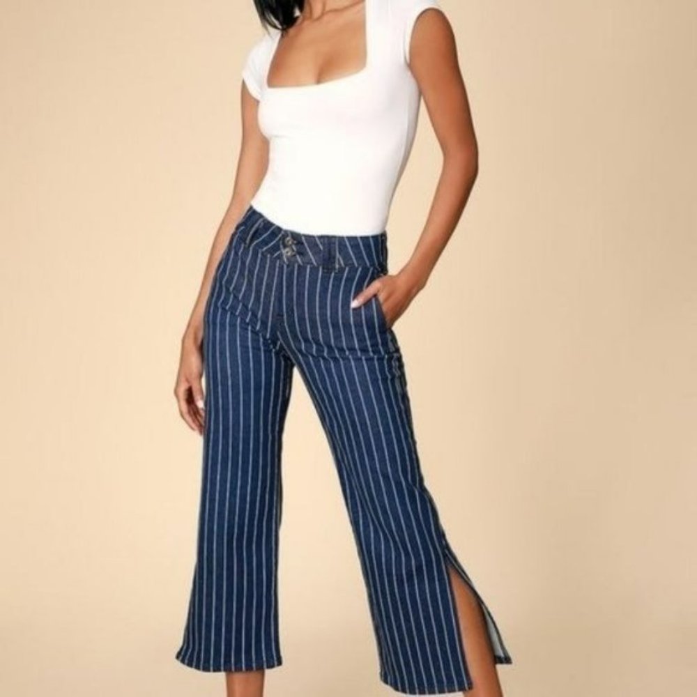 SNEAK PEEK Cropped Striped Denim Jeans with Side Slits